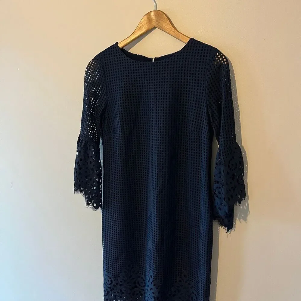 Jude Connally Danielle Dress Spring Lace Navy Blue 3/4 Scalloped Bell Sleeve XS
